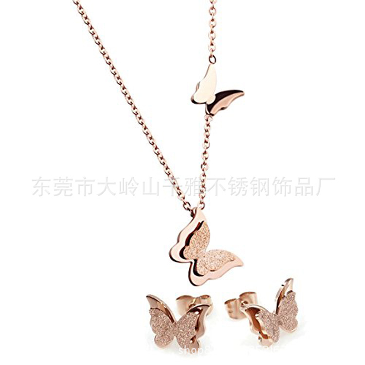 Frosted Stainless Steel Jewelry Sets Rose Gold Butterfly Stud Earrings Pendant Necklace for Women Girl